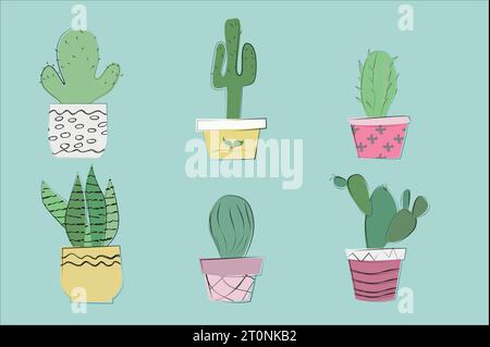 Set di carini cactus e succulenti, in vasi da fiori Illustrazione Vettoriale