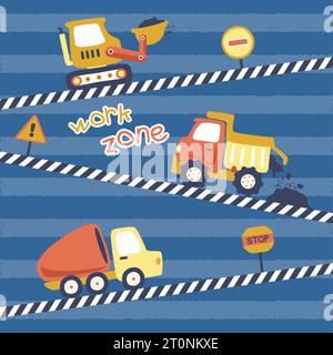 Veicoli edili con segnaletica di costruzione su sfondo a righe, illustrazioni di cartoni animati vettoriali Illustrazione Vettoriale