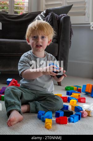 Bambino che gioca con i blocchi da costruzione. Foto Stock
