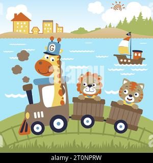 vacanze con animali divertenti con treno a vapore sullo sfondo della costa marina, illustrazione di cartoni animati vettoriali Illustrazione Vettoriale