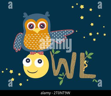 Divertente gufo animato sulla luna sorridente di notte, caterpillar si insinua sull'alfabeto di legno Illustrazione Vettoriale