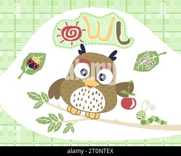 grazioso gufo appollaiato su rami d'albero con insetti mentre si tiene in mano un'illustrazione di cartoni animati vettoriali frutto Illustrazione Vettoriale