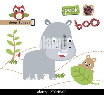 divertente rinoceronte con piccoli amici, illustrazione di cartoni animati vettoriali Illustrazione Vettoriale