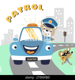 divertente orso sulla macchina della polizia che insegue un topo, illustrazione di cartoni animati vettoriali Illustrazione Vettoriale