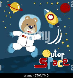 divertente orso in costume da astronauta nello spazio con elementi spaziali, illustrazioni di cartoni animati vettoriali Illustrazione Vettoriale