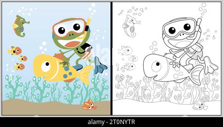 cartoni animati vettoriali con simpatiche rane con animali marini, libro da colorare o pagina Illustrazione Vettoriale