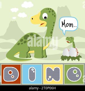 Cartoni animati vettoriali di un divertente dinosauro con il suo bambino sullo sfondo di montagna Illustrazione Vettoriale