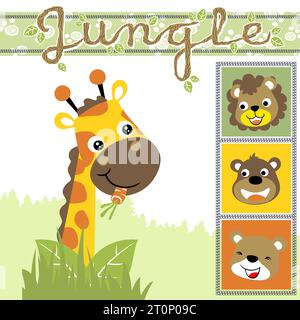 Cartoni animati vettoriali con simpatiche giraffe che mangiano carote, leone carino con orso e faccia sorridente di scimmia Illustrazione Vettoriale