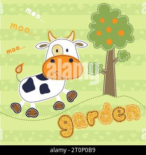 vacca felice con un albero da frutto su sfondo a righe, cartone animato vettoriale Illustrazione Vettoriale