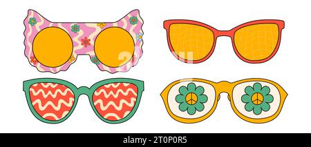 Occhiali da sole Trippy con stampe vintage e colori ruvidi. Illustrazioni vettoriali isolate su sfondo bianco Illustrazione Vettoriale