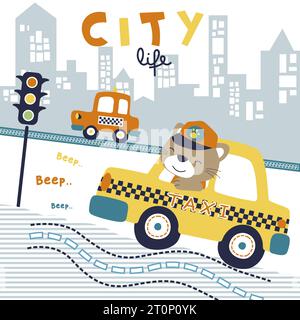 carino gattino che guida in taxi sullo sfondo dell'edificio, illustrazione di cartoni animati vettoriali Illustrazione Vettoriale