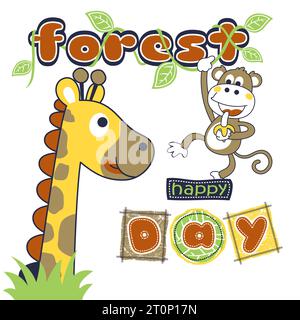 Divertente giraffa con scimmia nella foresta, illustrazione di cartoni animati vettoriali Illustrazione Vettoriale