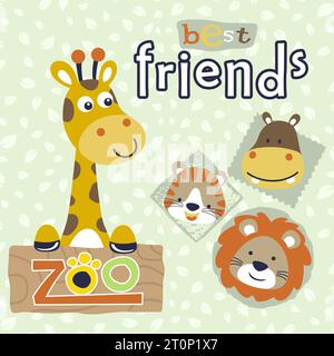 Divertente giraffa con simpatici animali testa su foglie motivo di sfondo, illustrazione di cartoni animati vettoriali Illustrazione Vettoriale