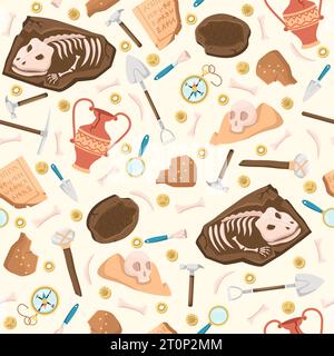 Pattern senza interruzioni con scavi archeologici. Vecchio vaso antico, scheletri animali e teschi umani nel suolo. Martello paleontologico. Decorazioni in tessuto Illustrazione Vettoriale