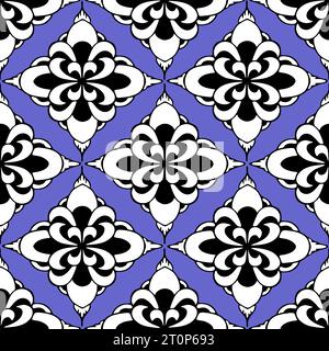 motivo simmetrico senza cuciture di forme geometriche astratte in bianco e nero su sfondo blu, texture Foto Stock