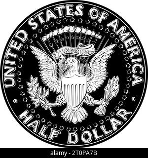 Nero e bianco Stati Uniti moneta mezzo dollaro con Presidential Seal sul retro Illustrazione Vettoriale