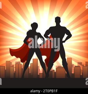 Silhouette di coppia supereroiche Illustrazione Vettoriale