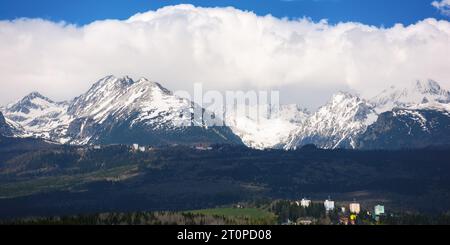 sfondo naturale della possente alta dorsale tatra in primavera a mezzogiorno. cime rocciose innevate sotto un cielo nuvoloso Foto Stock