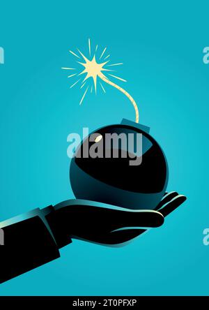 Illustrazione del concetto di business di un uomo che tiene una bomba con una miccia accesa. Grande problema, creatore di problemi nel concetto di business Illustrazione Vettoriale