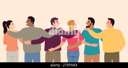 Semplice illustrazione vettoriale di cartone animato piatto di gruppo di persone multietniche, giornata internazionale della gioventù Illustrazione Vettoriale