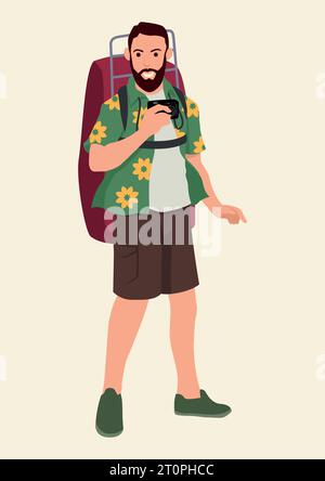 Semplice illustrazione vettoriale piatta di un turista con zaino Illustrazione Vettoriale