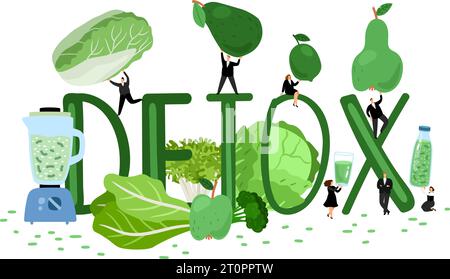 Detossire il cocktail con acqua, verdura e frutta nella caraffa. Illustrazione vettoriale di dieta sana con le persone piccole. Frullati freschi per una vita sana. Bevanda energetica verde con cocktail disintossicanti Illustrazione Vettoriale