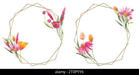 Illustrazione ad acquerello di una corona di fiori selvatici con linee dorate. Modello floreale con spazio per il testo. Papaveri californiani disegnati a mano, fiori secchi per Foto Stock