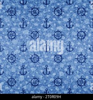 Ancora pattern senza cuciture. Ancore ripetute patern. Barca a vela silhouette. Fondo marittimo in denim. Struttura marina del timone ripetuta per il design Illustrazione Vettoriale