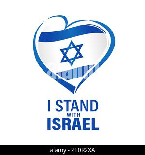 Sono con lo striscione di Israele con la bandiera nel cuore. Emblema dell'amore di Israele isolato su sfondo bianco. Dopo l'attacco di Hamas, proteggi il popolo israeliano Illustrazione Vettoriale