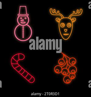 Set natalizio di icone al neon. Simboli brillanti al neon per progetti di Capodanno e Natale, biglietti di auguri, striscioni, volantini. Un segnale luminoso. Tratto modificabile A. Illustrazione Vettoriale