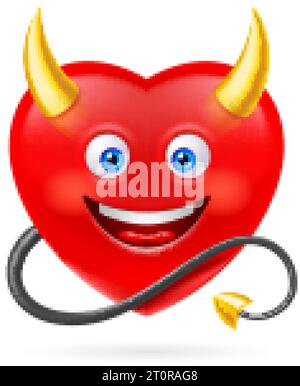 Red Heart con Golden Horns e Devil Tail. Illustrazione carina stile cartone animato. Simbolo amore romantico Lovesickness. Biglietto d'auguri di San Valentino D. Illustrazione Vettoriale