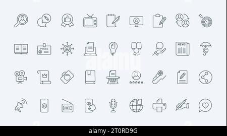 Le icone della linea sottile creano un'illustrazione vettoriale. Delineare la raccolta di simboli neri di storie di narrazione degli autori, intervista di notizie di giornalista, contenuti digitali e informazioni di blogger sui social media Illustrazione Vettoriale