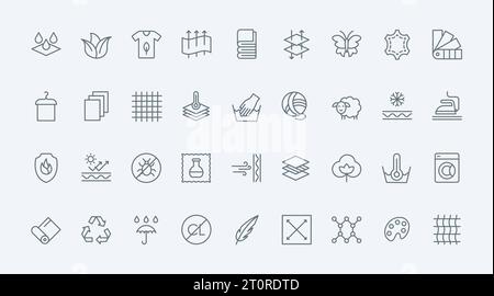 Le icone delle linee sottili relative a funzioni e proprietà di tessuto consentono di impostare l'illustrazione vettoriale. Delinea i simboli neri di pelle e lana, tessuti di cotone e piume, materiali e strati antibatterici e impermeabili Illustrazione Vettoriale