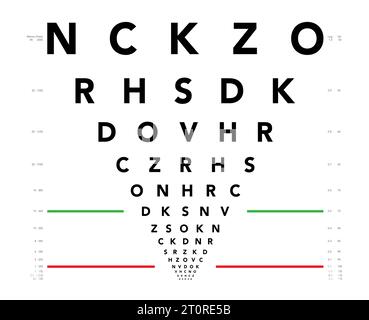 Grafico LogMAR grafico per test oculari illustrazione medica. Contorno stile di schizzo vettoriale di linea isolato su sfondo bianco. Pannello ottico ottico oftalmico per il controllo visivo degli occhiali da vista Illustrazione Vettoriale