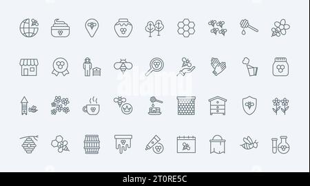 Le icone di miele, apiario e apicoltura a linee sottili impostano l'illustrazione vettoriale. Delinea la collezione dei simboli della fattoria del miele con propoli e polline, nettare dolce di sapore floreale e favo, apicoltore e alveare Illustrazione Vettoriale