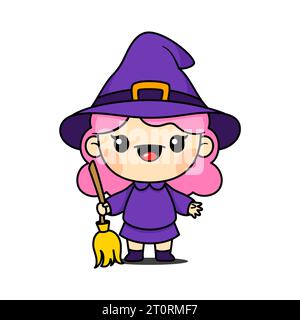 Personaggio carino e carino di cartone animato della ragazza della strega di Halloween in stile Kawaii Illustrazione Vettoriale