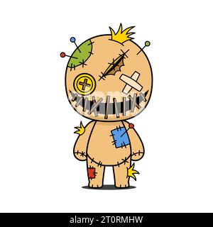 Personaggio carino e carino da cartone animato con bambola voodoo di Halloween in stile Kawaii Illustrazione Vettoriale