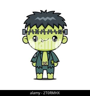 Carino personaggio di Frankenstein Cartoon di Halloween in stile Kawaii Illustrazione Vettoriale