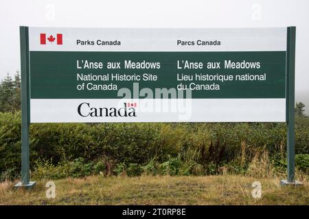 L'insegna Parks Canada l'Anse aux Meadows a Newfoundland & Labrador, Canada Foto Stock