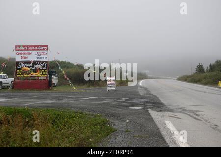 Insegna Blake's Cash-n-Carry e Skipper Hot's Pub n Grub a Saint Lunaire-Griquet, Newfoundland & Labrador, Canada Foto Stock