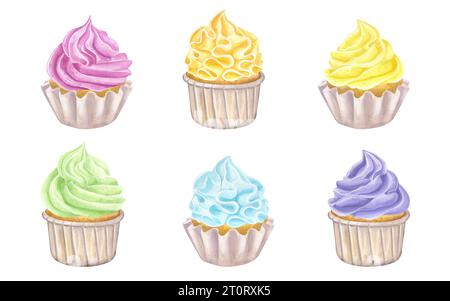 Set per striscioni, cupcake multicolore, muffin, panna montata dolce. Clipart del cibo. Illustrazione ad acquerello disegnata a mano isolata su sfondo bianco Foto Stock