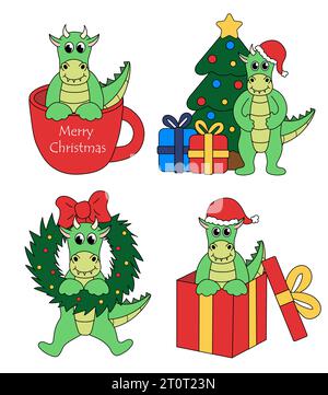 Set di cartoni animati di Natale e Capodanno Dragon personaggi. Grazioso drago in tazza e in confezione regalo, corona, albero di Natale. Illustrazione vettoriale piatta. Illustrazione Vettoriale