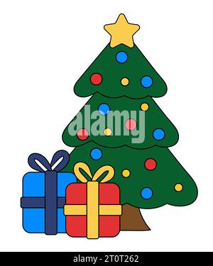 Albero di Natale con regali. Decorazioni con stelle, palle. Confezioni regalo natalizie con fiocco e illustrazione vettoriale. Per cartoline, striscioni, poster per l'anno nuovo. Illustrazione Vettoriale