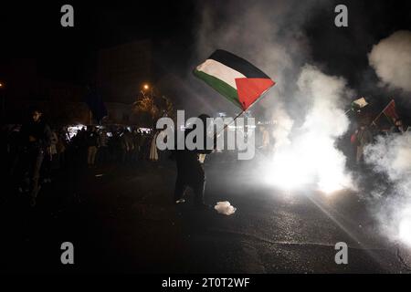 Teheran, Teheran, Iran. 7 ottobre 2023. Una celebrazione dell'Iran pro-Palestina nel centro di Teheran. Il gruppo palestinese Hamas lanciò un attacco contro Israele il 7 ottobre 2023 con molti morti, ostaggi presi e combattimenti infuriati dopo un assalto a sorpresa che includeva uomini armati che entravano nelle città israeliane dopo una raffica di razzi sparati dalla Striscia di Gaza. (Immagine di credito: © Sobhan Farajvan/Pacific Press via ZUMA Press Wire) SOLO USO EDITORIALE! Non per USO commerciale! Foto Stock