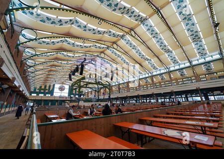 Monaco di Baviera, Germania, UE - 18 settembre 2023. All'interno della tenda della birra Pschorr Braurosl durante l'Oktoberfest 2023 a Monaco di Baviera con persone che bevono e mangiano. Foto Stock