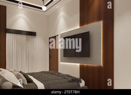 Moderno design degli interni delle camere da letto. Illustrazione del rendering 3D. Foto Stock