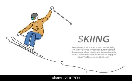 Sfondo vettoriale, banner, poster per sciatori. Trucchi da sci, freestyle, freeride. Un disegno artistico a linea continua che mostra il salto con gli sciatori Illustrazione Vettoriale