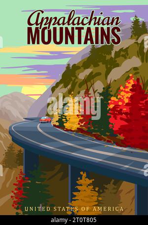 Poster d'epoca sui monti Appalachi, strada autunnale, auto, montagne, autostrada. Illustrazione retrospettiva Illustrazione Vettoriale