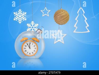 Concetto astratto di Natale e Capodanno con decorazioni natalizie, neve, fiocchi di neve e stelle su sfondo blu tenero Foto Stock