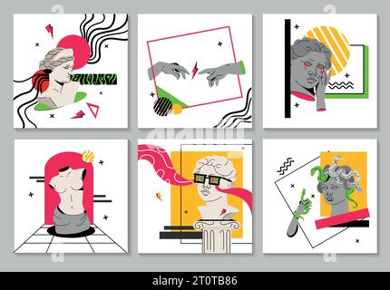Psychedelic vector square trendy posters with antique greek sculpture, roman column and surreal elements. Art cover design, social media posts with modern statues, geometric shapes in neon colors. Illustrazione Vettoriale